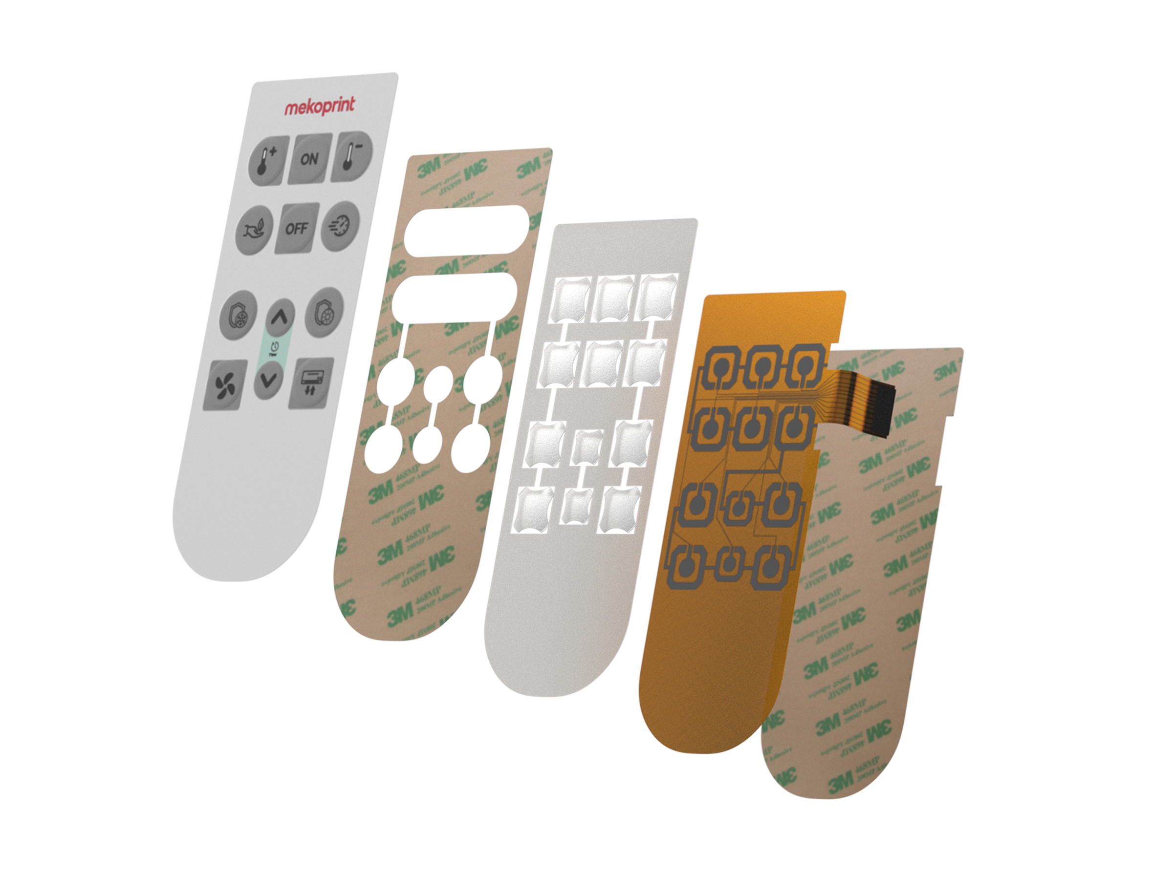 Membrane switch keypad for industrial devices, as 3D stack-up render