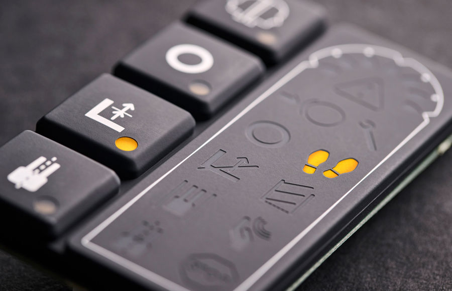 Silicone rubber keypad for forlift trucks with LED status light. Backlight is essential for safe operation of a rubber keypad in dark environments.