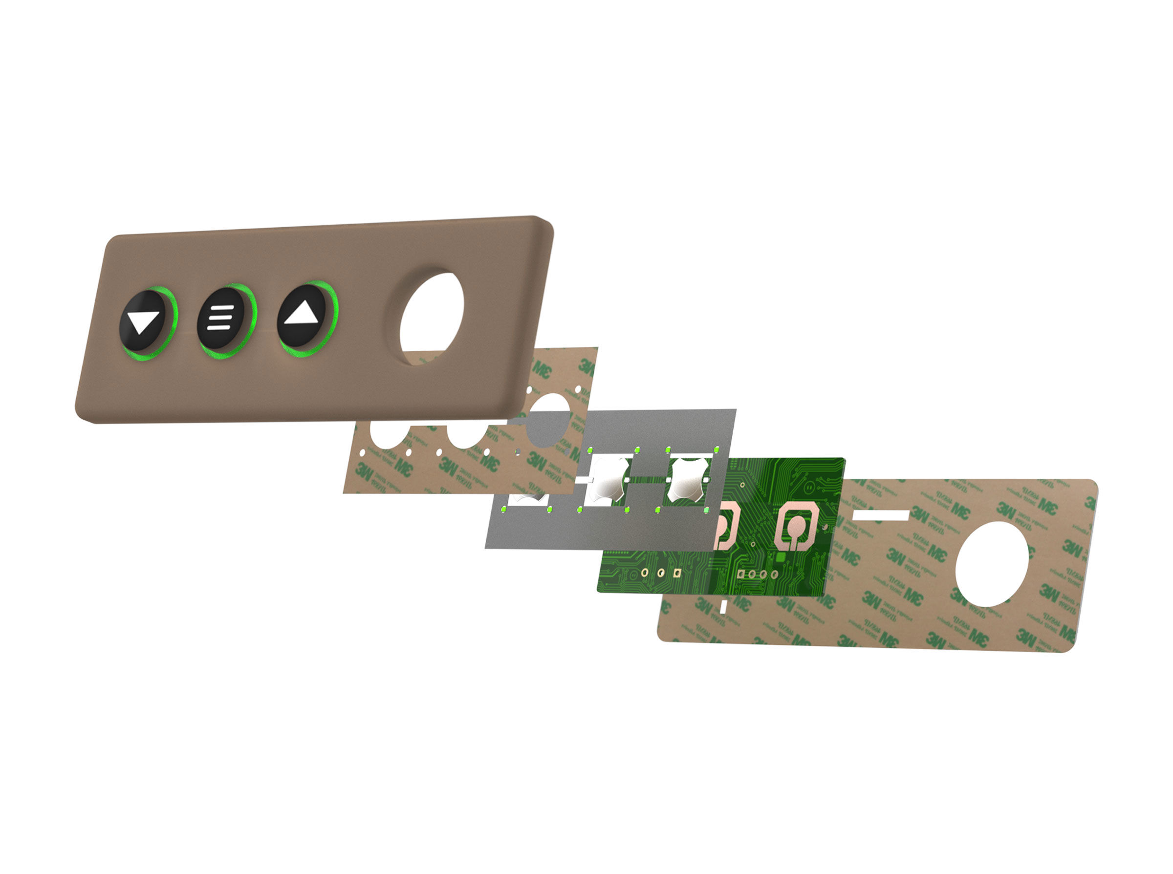 Silicone rubber keypad for industrial devices, 3D stack-up with different layers